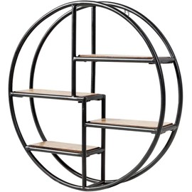 FANTASK Round Wall Shelf, Wood Floating Decorative Shelf w/ Metal Structure, Circle Décor Shelf for Office Bedroom Kitchen Study Living Room