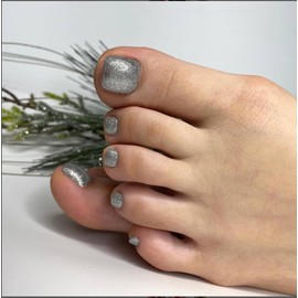 KQueenest Glitter Grey Press on Toes Nails Short Square,Shimmer Fake Toe Nails Glue on,Glossy Toe Press on Nails For Women Girls,Natural Gel ToeNails Acrylic for Decoration 24Pcs