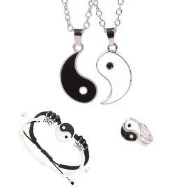 PUBBCIA 6 Pieces Matching Yin Yang Necklace Set for Couple Adjustable Cord Bracelet Ring Band for Boyfriend Girlfriend Valentine's Day Jewelry