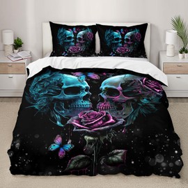AILONEN Sugar Skull Duvet Cover Set Twin Size, 3D Rose Skull Couple Bedding Set,Romantic Flower Skull Comforter Cover Set 3 Pieces, 1 Quilt Cover and 2 Pillowcases (No Comforter)