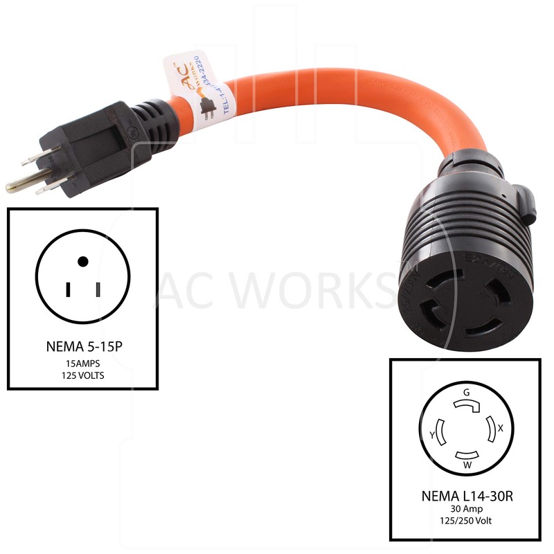 AC WORKS 1 ft. 15 Amp Household Plug to L14-30