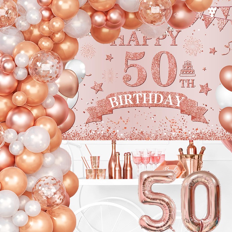 Rose Gold 50th Birthday Decorations For Women-Happy 50th Birthday Banner,Rose