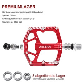 MZYRH Road Bike/Mountain Bike Pedals, 9/16 Inch Aluminium Alloy Bicycle Pedals, 3 Bearings MTB Pedals for Road Mountain BMX MTB Bicycle (Red)