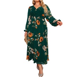 Simplee Women's Plus Size Wedding Guest Dress Flowy Fall Floral Long Sleeve Maxi Dress V Neck Empire Waist Boho Maternity Dress for Photoshoot (4XL Emerald Green)