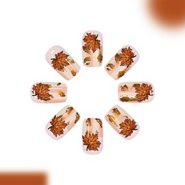 24pcs Fall Press on Nails Short Square Maple Leaf Fake Nails with Stripe Designs Thanksgiving Day False Nails Glossy Stick on Nails Autumn Full Cover Glue on Nail for Women Holiday Nail Decoration