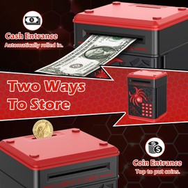 Pupidiu Spider Fingerprint Piggy Bank, ATM Piggy Bank for Kids Boys Girls, Kids Money Saving Box Money Safe (Black)