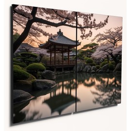 The Plum Penguin Japanese Tea Garden Twilight Scene - A4 Dual Wood Wall Art, Koi Pond & Cherry Blossoms Canvas Alternative 40 x 30cm