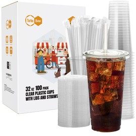 Turbo Bee 100 Sets 32 OZ Clear Plastic Cups with Lids and Straws, Disposable To Go Iced coffee cups with lids for Cold Drinks, Smoothie, and Slushie