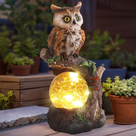JJALIGHTS Solar Owl Figurine, Owl Decorative Garden with Solar Ball, Waterproof for Outdoors, Balcony, Patios, Gifts for Women, Men, Mum, Birthday, 24 cm