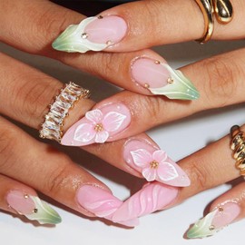 Flower Press on Nails Medium Almond French Tip Fake Nails Gradient Pink Green Stripe Designs Spring Flowers Stick on Nails Full Cover Glue on Nails Reusable Acrylic Nails for Women Girls 24Pcs
