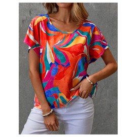 Floerns Women's Casual Graphic Print Dolman Sleeve Blouse Tops Crew Neck Summer Shirts Orange Multi Medium