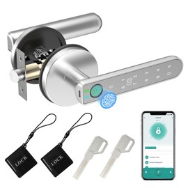 BIWIBON Fingerprint Door Lock, 5 in 1 Smart Door Knob with Smart APP/Fingerprint/IC Cards/Password/Backup Keys, Fingerprint Door Knob with Keypad for Bedroom, Office, Apartment, Silver, 1 Pack
