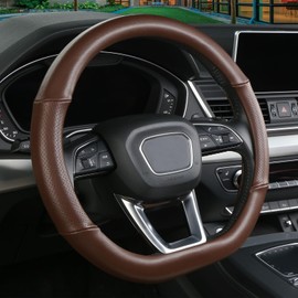 Cxtiy D Shaped Steering Wheel Cover, Genuine Leather Flat Bottom Stearing Wheel Cover Luxury Car Accessories 14 1/2-15 inch (Brown)