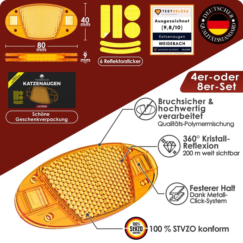 Weidebach® 4 x spoke reflectors bicycle with high radiance, cat's