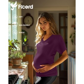 Ficerd 3 Packs Womens Maternity Shirts V Neck Dolman Short Sleeve Loose Side Ruched Tunic Tops Pregnancy Clothes(White, Wine Red, Black,L)