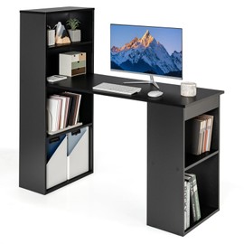 Giantex 48 Inch Computer Desk with Bookshelf, 3-in-1 Home Office Desk with 4-Tier Bookcase & CPU Stand, Space-Saving Reversible Writing Desk Work Table for Bedroom, Study Room, Office (Black)