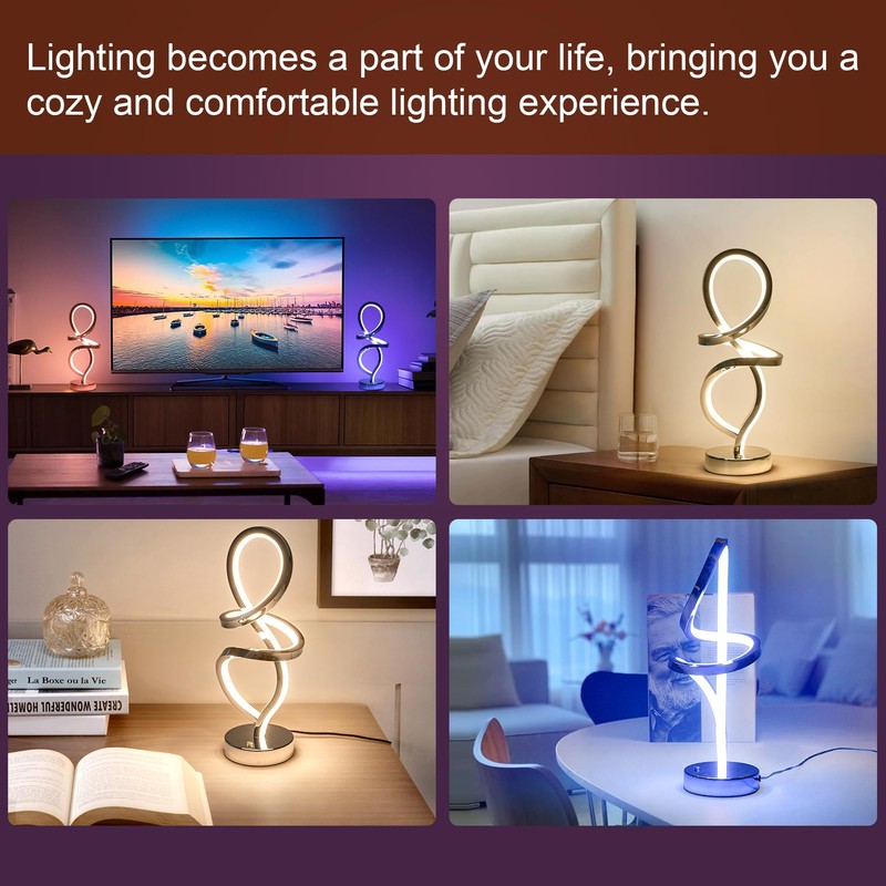 Mayful Modern RGB Table Lamp with LED Spiral Design, Silver