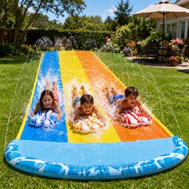 Outdoor Water Slide for Kids - Ultra-Wide 3-Lane PVC Slide with Sprinklers & Splash Pool for Summer Lawn Fun