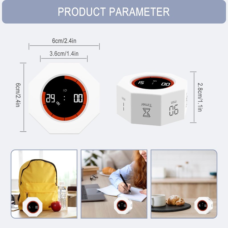 Cuteefun Cube Timer, Octagon Rotation Pomodoro Timer, 1/3/5/15/30/60/90 Minutes Countdown