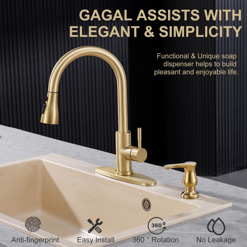 GAGALIFE Kitchen Sink Soap Dispenser Gold, Built in Soap Dispenser