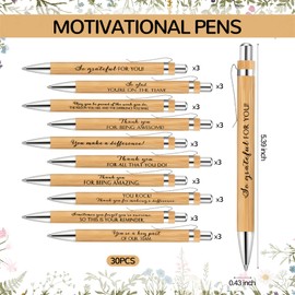 Dispowreath 30 Sets Employee Appreciation Gifts Inspirational Bamboo Pens with Wooden Keychain Thank You Cards Team Building Gifts (Flower)
