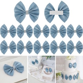 LiBongTa 3.5" Dusty Blue Bow Premade Bows, Satin Ribbon Bows for Presents, Self Adhesive Bows with Rhinestone, Valentines Bows for Gift Wrapping, Treat Bags, Home Decor, Party Favors-12 Counts