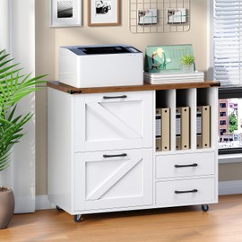 HOOBRO Lateral File Cabinet, Mobile Lateral Filing Cabinet with 4 Drawers, Printer Stand with File Cabinet, Fit A4, Letter Size, Farmhouse Filing Cabinets for Home Office, White WH68WJ01