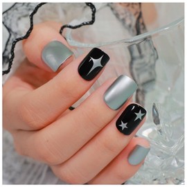 GALSPRO Short Press on Nails - Set of 24 Fake Nails with Designs in 12 Different Sizes for Perfect Fit, Cute False Nails Kit for Women with 0.07oz Nail Glue (MIDNIGHT STAR SQUARE SHAPE, Short)