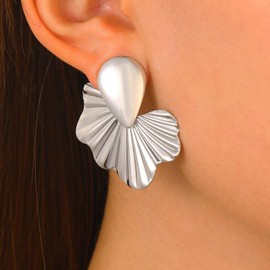 Inateannal Exaggerated Flower Earrings Silver Large Teardrop Earrings Big Metal Flower Dangle Earrings Geometric Gingko Leaf Earrings Statement Drop Earrings Jewelry for Women and Girls
