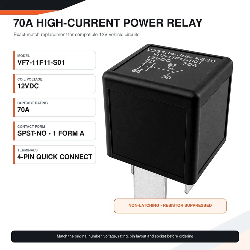 VF7-11F11-S01 12VDC 70A 4-Pin SPST-NO Relay (2-Pack)