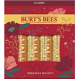 Set de regalo para las fiestas Beeswax Bounty Classic de Burt's Bees, 4 bálsamos labiales para relleno de calcetines navideños: cera de abeja original (versión nueva)