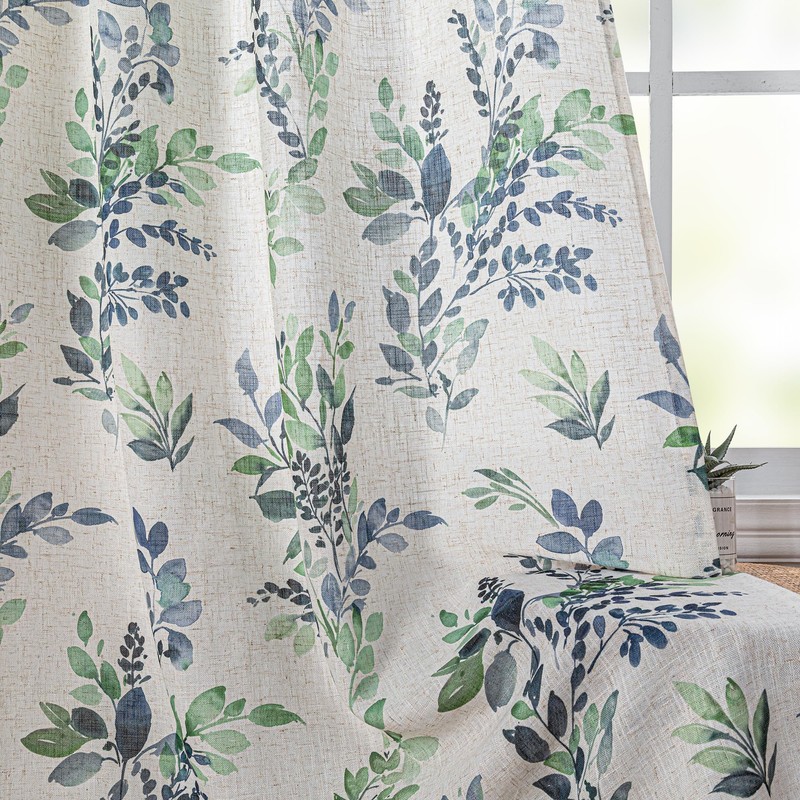 MYSKY HOME Linen Sheer Curtains for Living Room Leaf Patterned