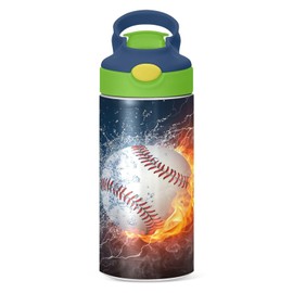 Fire Ice Baseball Kids Water Bottle with Straw and Carry Handle Sports Theme Vacuum Insulated Stainless Steel Bottles 12 oz Green Lid Leak-Proof for Boys Girls Toddler 4-8 Years Old