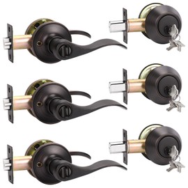 KNOBWELL 3 Pack Keyed Alike Bronze Front Door Handle and Deadbolt Set, Double Sided Keyed Entry Lever Door Handle with Lock and Key(Same Key)