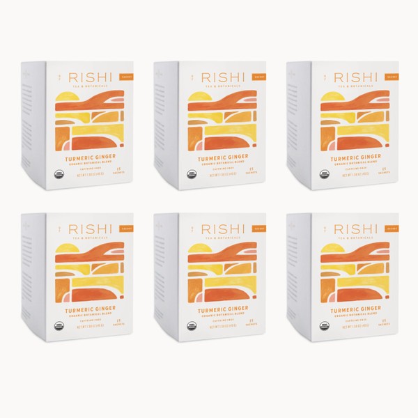 Rishi Tea Turmeric Ginger Herbal Tea - USDA Organic Direct Trade Sachet Tea Bags, Certified Kosher, Caffeine Free Ayurvedic Tea Blend, Immune Support with Citrus for Taste - 15 Count (Pack of 6)