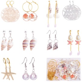 WEWAYSMILE 1 Box 10 Paris Sea Shells Earring Making Kit,Natural Spiral Cowrie Starter Kit, Dangle Beach Jewelry Making Kit, Gold Sliver Metal Small Ocean Starfish Conch Charm for DIY Earring Craft