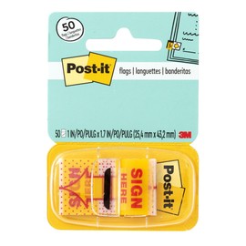 Post-it Banderas de mensajes impresas, cartel aquí, 1 dispensador, 50 banderas, 1 pulgada de ancho, amarillo (680-9)