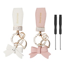 APOMOONS Pack of 2 Leather Key Fobs with Bow, Gold Bag Pendant Women with Anti-Loss D Buckle, PU Leather Car Key Fob Bow, Glittering Bag Charms, Pink, White, White-pink-gold