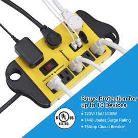 DEWENWILS 8-Outlet Metal Power Strip Surge Protector with 2 USB Ports,15 Ft Flat Plug Extension Cord, Heavy Duty Industrial Power Strip,15A Circuit Breaker, 1440Joules, Wall Mount, UL Listed