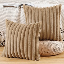 Madizz Set of 2 Faux Fur Plush Decorative Cushion Covers, Fluffy, Striped, Soft, Decorative Cushion Cover for Sofa, Bedroom, Cushion, Camel, 55 x 55 cm