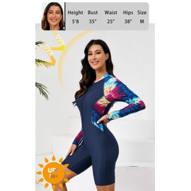 Halcurt Women's Boyleg One Piece Rash Guard with Built in Bra UPF50+ Zip Long Sleeve Full Body Modest Swimsuit Navy Colorful Tie Dye S