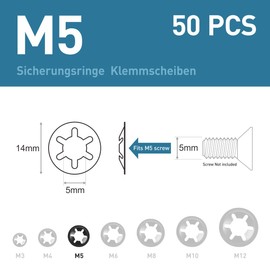 BOUMVID Pack of 50 M5 Starlock Washers, Black Circlips Clamping Ring Clamping Discs, 65Mn Manganese Steel Inner Tooth Starlock Washers, Speed Tooth Lock Washers