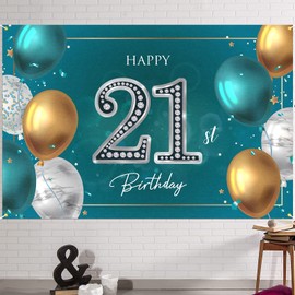 HAMIGAR 6x4ft Happy 21st Birthday Banner Backdrop - 21 Years Old Birthday Decorations Party Supplies for Women Men - Green Silver