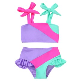 YOUNGER TREE Toddler Girls Two Pieces Swimsuit Color Block Stripe Swimwear Summer Beach Bathing Suit 18M-5T(Purple#Green 5-6T)