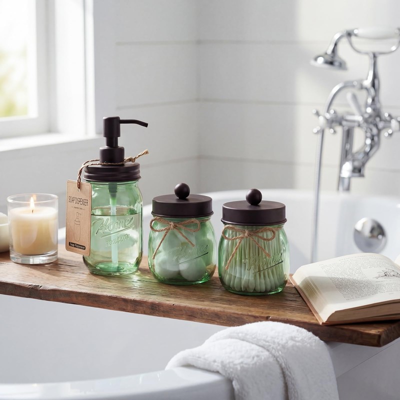 Amolliar Mason Jar Bathroom Accessories Set, 4 Pcs Green Glass