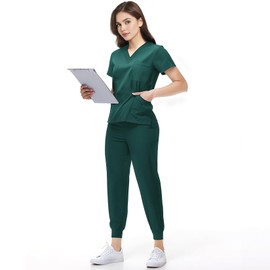 KARAZZO Scrubs Set for Women Nurse Uniform Jogger Suit V-Neck Scrub Top & Jogger Pant with Pockets for Nurse Workwear (Dark Green, XX-Large)