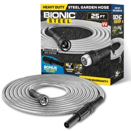 Bionic Steel 25 Ft Metal Garden Hose with Nozzle, 25Ft x 5/8 In. Premium 304 Stainless Steel Metal Water Hose, Flexible Non Kinking, Lightweight, Heavy Duty, for Yard, Outdoor