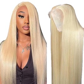 Hxxcoup Human Hair Wig Straight 13 x 4 Lace Front #613 Blonde Real Hair Wig Women's Glueless Wear and Go Blenched Knots with Baby Hair for Woman Minimal Smell 24 Inches (51.8 cm)