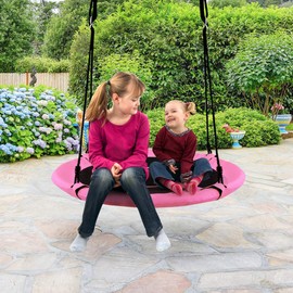 HONEY JOY 40 Inch Saucer Tree Swing, Indoor Outdoor Kids Swing Set w/Height Adjustable Hanging Straps, Wear-Resistant & Water Proof Large Round Flying Saucer for Playground Backyard Playroom (Pink)