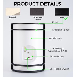 CLOUDY BAY LED 3 Color Wall Sconce,Wall Lighting,3000K/4000K/5000K Color Temperature Adjustable Wall Mount Light Fixture,15W 120V Dimmable CRI 90+ LED Wall Light,Black